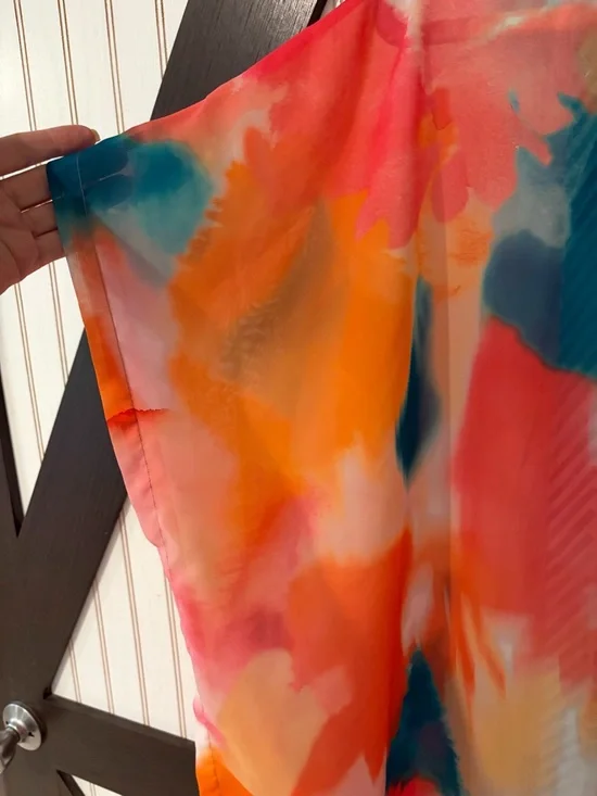 Chico's Multicolor Watercolor Open-Front Kimono with Teal Trim - Picture 6 of 8